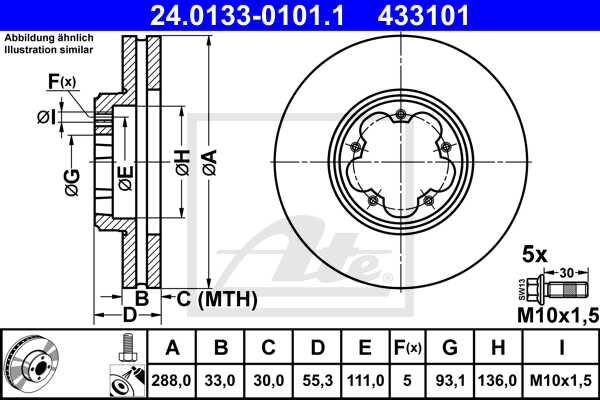 ATE disk ploča FORD 24.0133-0101.1 prednja, transit 12->, d288/23