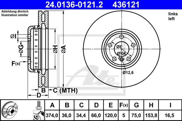 ATE disk ploča BMW 24.0136-0121.2 prednja lijeva, bmw 7 f01 550i 08->, d374/36
