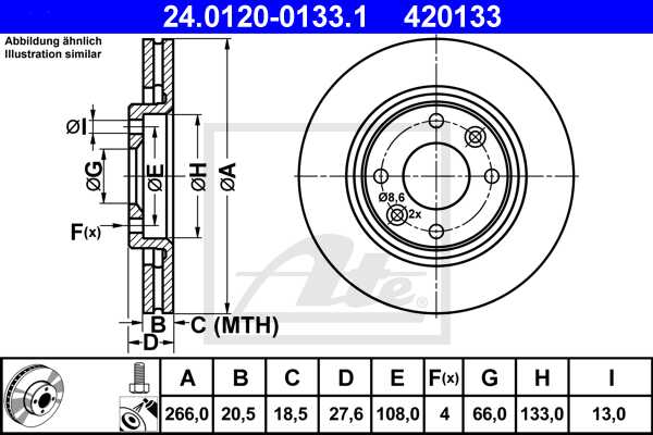 ATE disk ploča CITROEN 24.0120-0133.1 prednja, p-206,xantia,berlingo2.0hdi 96 ->, d266/20