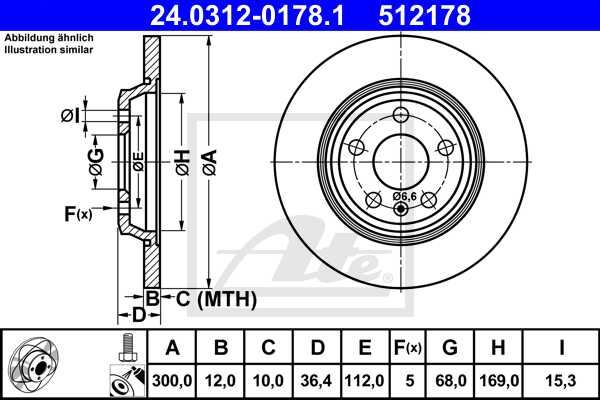 ATE disk ploča VW 24.0312-0178.1 zadnja, a-4 1.8,2.0tfsi 07 ->, d300/12 power d