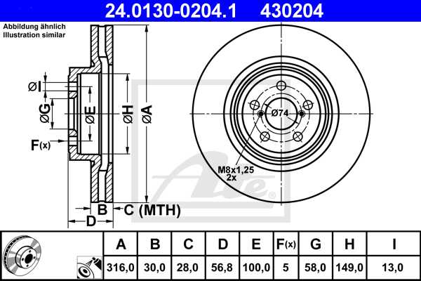 ATE disk ploča SUBARU 24.0130-0204.1 prednja, impreza 2.0wrx turbo 02->, d316/30