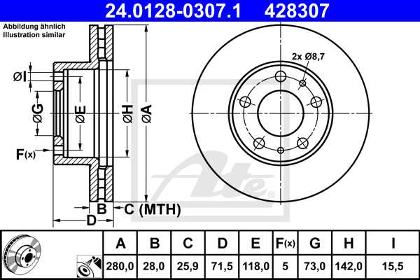 ATE disk ploča CITROEN 24.0128-0307.1 prednja, jumper 06->, d280/28 16q