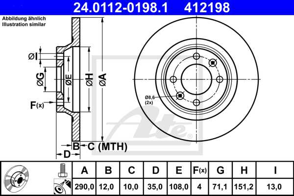 ATE disk ploča CITROEN 24.0112-0198.1 zadnja, ds5 2.0 hdi 4×4 15->, d290/12
