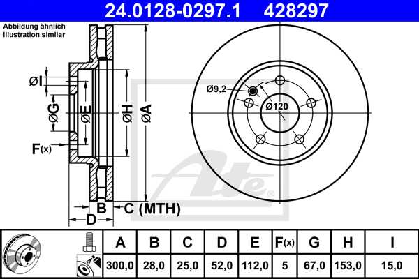 ATE disk ploča MERCEDES BENZ 24.0128-0297.1 prednja, vito w447 14->, d300/28