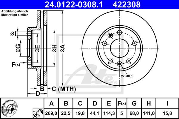 ATE disk ploča RENAULT 24.0122-0308.1 prednja, megane iv 1.6 16v 14->, d269/23