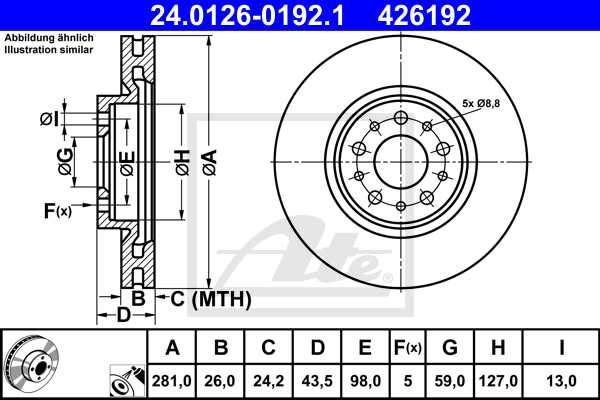 ATE disk pločice FIAT 24.0126-0192.1 prednje, tipo 1.6d automatic 15 ->, d281/26