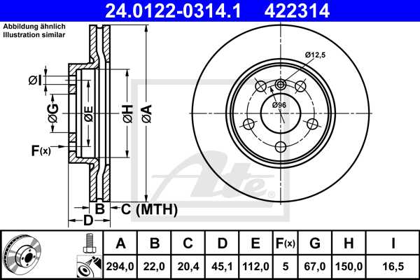 ATE disk ploča BMW 24.0122-0314.1 prednja, 2 active tourer f45 218d -13>, d294/22