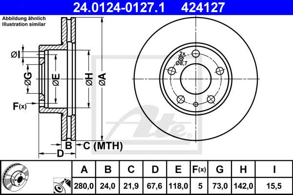 ATE disk ploča FIAT 24.0124-0127.1 prednja, ducato 2.5d 94 ->, d280/24 14q