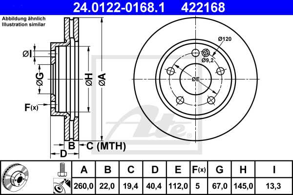 ATE disk ploča MERCEDES BENZ 24.0122-0168.1 prednja, mb a-140.a-160 w168 97 ->, d260/22