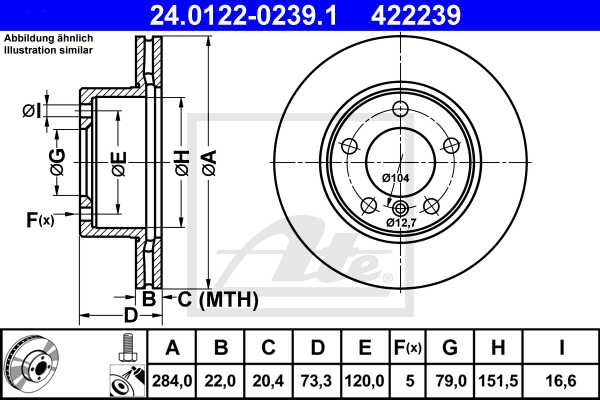 ATE disk ploča BMW 24.0122-0239.1 prednja, bmw 1 e87,f20 04 ->, d284/22