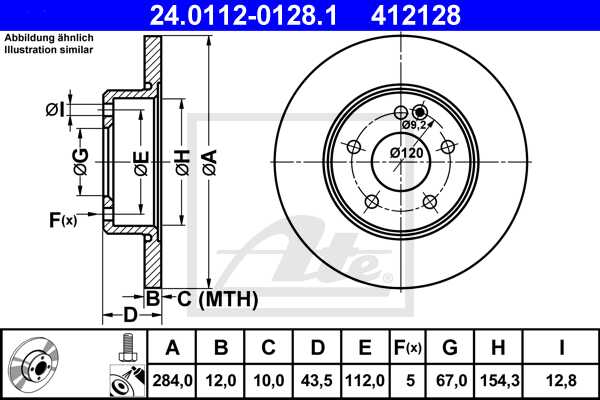 ATE disk ploča MERCEDES BENZ 24.0112-0128.1 prednja, mb c180,c250 w202 93 ->, d284/12