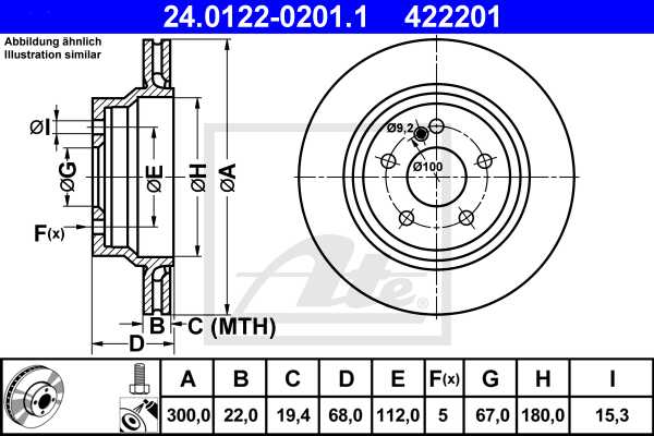 ATE disk ploča MERCEDES BENZ 24.0122-0201.1 zadnja, mb e220cdi w211 03 ->, d300/22