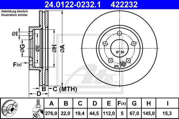 ATE disk ploča MERCEDES BENZ 24.0122-0232.1 prednja, mb b-170 w245 05 ->, d276/22 abs