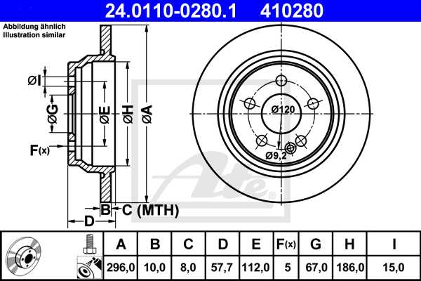 ATE disk ploča MERCEDES BENZ 24.0110-0280.1 zadnja, vito 109cdi 03 ->, d296/10