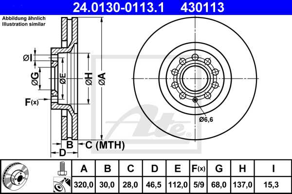 ATE disk ploča VW 24.0130-0113.1 prednja, a-6 1.9tdi 97 ->, d320/30