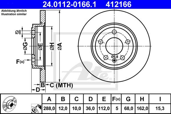 ATE disk ploča VW 24.0112-0166.1 zadnja, a-4 2.0tfsi 04 ->, d288/12