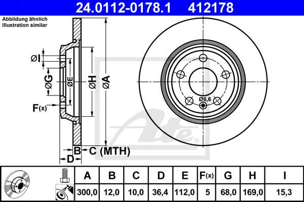 ATE disk ploča VW 24.0112-0178.1 zadnja, a-4 1.8,2.0tfsi 07 ->, d300/12