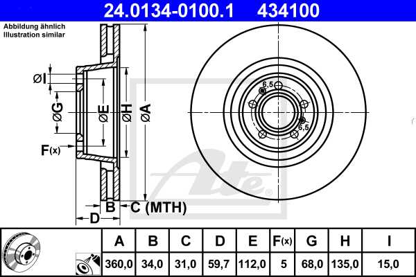 ATE disk ploča VW 24.0134-0100.1 prednja, a-6 2.0tfsi 05 ->, d360/34