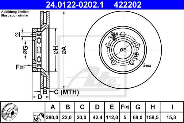 ATE disk ploča VW 24.0122-0202.1 zadnja, a-8 3.0tdi 03 ->, d280/22