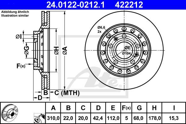 ATE disk ploča VW 24.0122-0212.1 zadnja, a-6 2.0tfsi 05 ->, d310/22