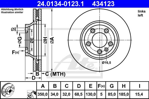 ATE disk ploča VW 24.0134-0123.1 prednja lijeva, q-7 3.6fsi 06 ->, d350/34