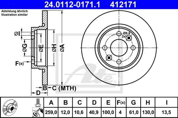 ATE disk ploča DACIA 24.0112-0171.1 prednja, twingo,logan 1.5dci 05 ->, d259/12