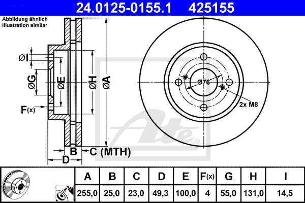ATE disk ploča TOYOTA 24.0125-0155.1 prednja, corolla 1.4vvt-i 02 ->, d255/25
