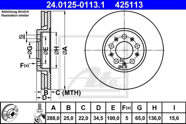 ATE disk ploča VW 24.0125-0113.1 prednja, a-3 1.8t 96 ->, d288/25