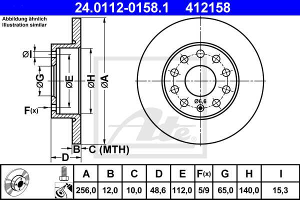 ATE disk ploča VW 24.0112-0158.1 zadnja, caddy 1.9tdi 04 ->, d256/12