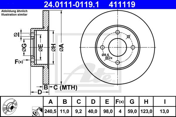 ATE disk ploča FIAT 24.0111-0119.1 prednja, f-500 1.2 07 ->, d240/11