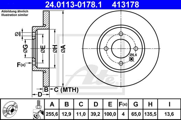 ATE disk ploča VW 24.0113-0178.1 prednja, golf 3,passat 1.9tdi ->99 d256/13