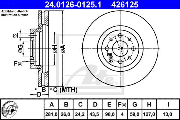 ATE disk ploča FIAT 24.0126-0125.1 prednja, bravo 1.9jtd 16v 07 -> 281/26