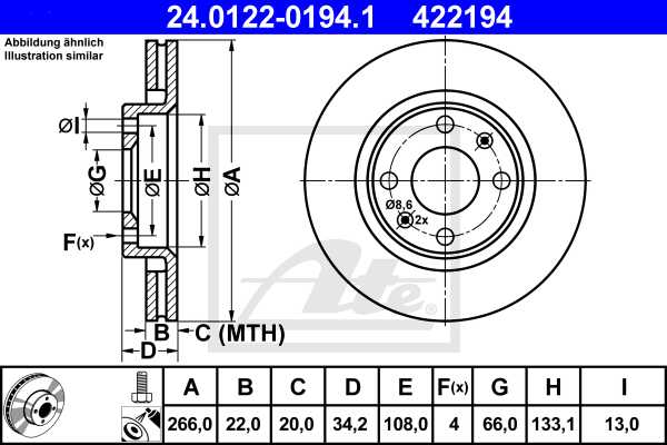 ATE disk ploča CITROEN 24.0122-0194.1 prednja, p-307,c-3 1.6hdi 02 ->, d266/22