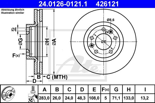 ATE disk ploča PEUGEOT 24.0126-0121.1 prednja, p-607 2.2hdi 00 ->, d283/26