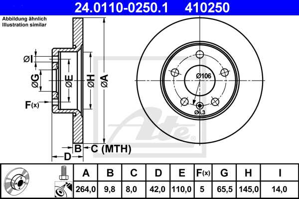 ATE disk ploča OPEL 24.0110-0250.1 zadnja, astra g 1.8,2.0 98 ->, d264/10