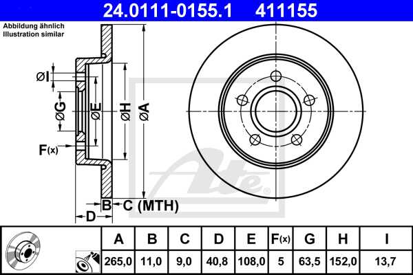 ATE disk ploča FORD 24.0111-0155.1 zadnja, focus 1.8tdci 04 ->, d265/11