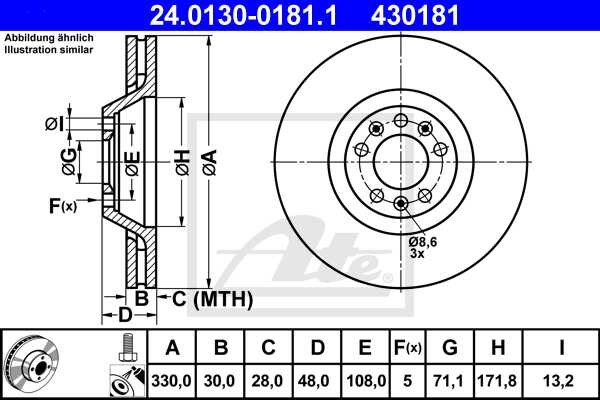 ATE disk ploča PEUGEOT 24.0130-0181.1 prednja, p-407 2.2hdi 06 ->, d330/30