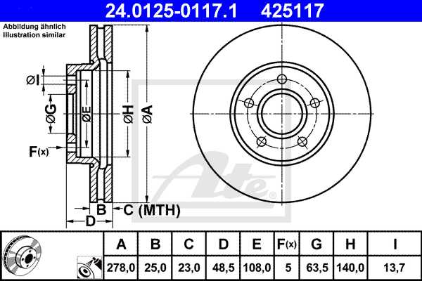 ATE disk ploča FORD 24.0125-0117.1 prednja, focus 1.6tdci 04 ->, d278/25