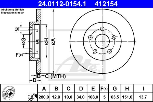 ATE disk ploča FORD 24.0112-0154.1 zadnja, mondeo 2.0tdci 00 ->, d280/12