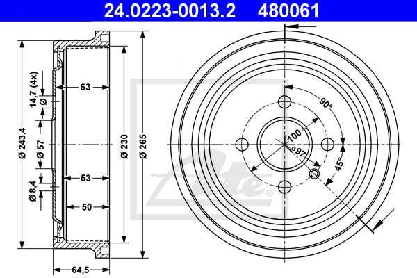ATE doboš OPEL 24.0223-0013.2 vectra b,astra 1.4 98 ->, d230/50