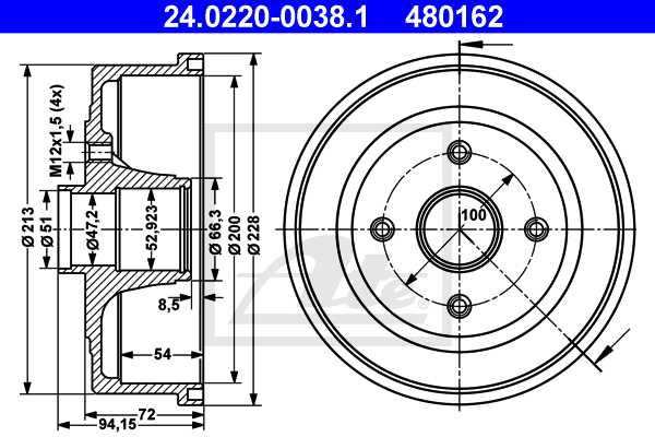 ATE doboš OPEL 24.0220-0038.1 corsa 1.2 00 ->, d200/52 abs
