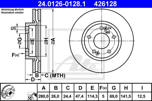 ATE disk ploča HYUNDAI 24.0126-0128.1 prednja, tucson 2.0crdi 04 ->, d280/26
