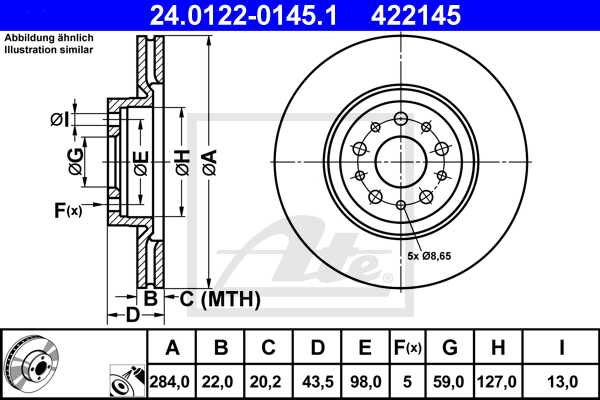 ATE disk ploča ALFA ROMEO 24.0122-0145.1 prednja, a-156 2.0jtd 00 ->, d284/22