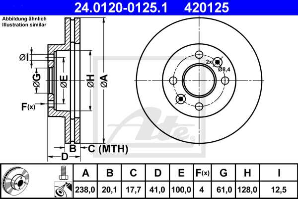 ATE disk ploča RENAULT 24.0120-0125.1 prednja, clio 1.9d ->01 d238/20