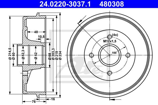 ATE doboš RENAULT 24.0220-3037.1 clio 1.5dci,megane 1.9dt 96 ->, d203,3/50,5