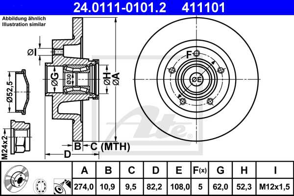 ATE disk ploča RENAULT 24.0111-0101.2 zadnja, laguna 1.9dci 05 ->, d274/11 sa ležajem