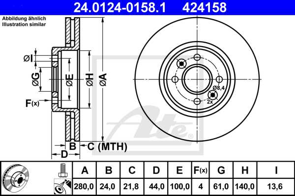 ATE disk ploča RENAULT 24.0124-0158.1 prednja, laguna 1.9dti 98 ->, d280/24