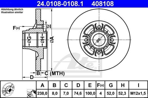 ATE disk ploča RENAULT 24.0108-0108.1 zadnja, clio 2.0 16v 00 ->, d238/8