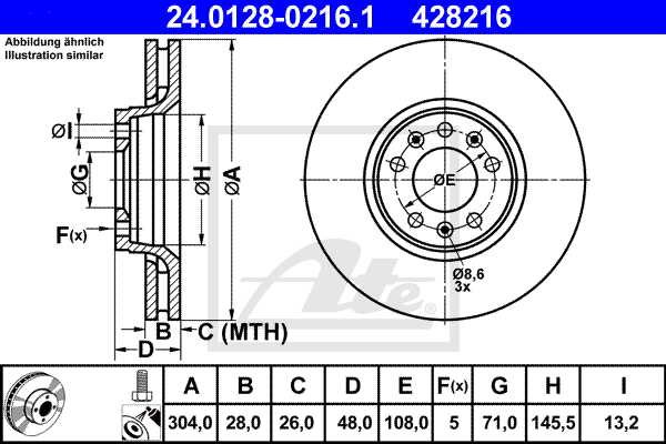 ATE disk ploča CITROEN 24.0128-0216.1 prednja, c-5 2.0hdi 08 ->, d304/28
