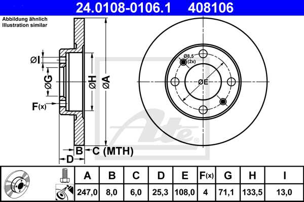 ATE disk ploča PEUGEOT 24.0108-0106.1 zadnja, xsara,p-206 2.0hdi 02 ->, d247/8